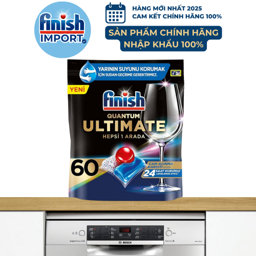 Túi 60 viên Finish Quantum Ultimate All in 1 2023, tiêu chuẩn châu Âu, siêu cao cấp, 16 tính năng/viên, phù hợp máy rửa chén 13-15 bộ